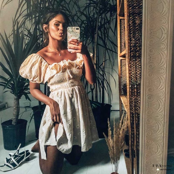 Cream Boho OFF shoulder Floral Print Mini  DRESS - Picture 2 of 9